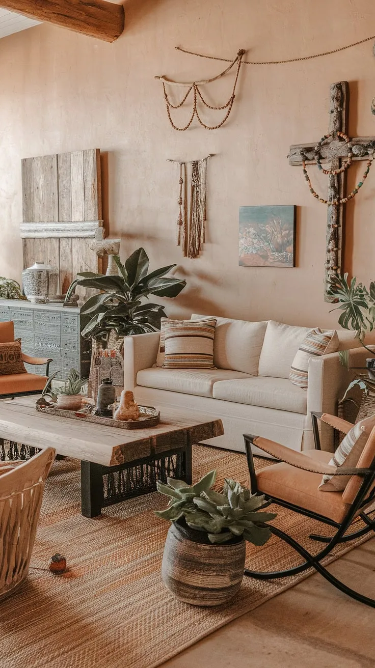 Sun-drenched serenity. This southwestern living room, with its rustic charm and earthy tones, offers a tranquil escape. The handcrafted coffee table, woven rug, and carefully chosen plants create a space that feels both inviting and uniquely a authentic.