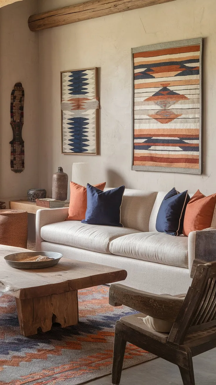Escape to tranquility in this Southwestern living room, where the warmth of the desert sun meets the cool comfort of a carefully curated space. Native American art, rich textures, and pops of navy and orange create a haven of calm and sophisticated desert style. The vintage chair adds a touch of history, while the patterned rug grounds the room's vibrant energy.