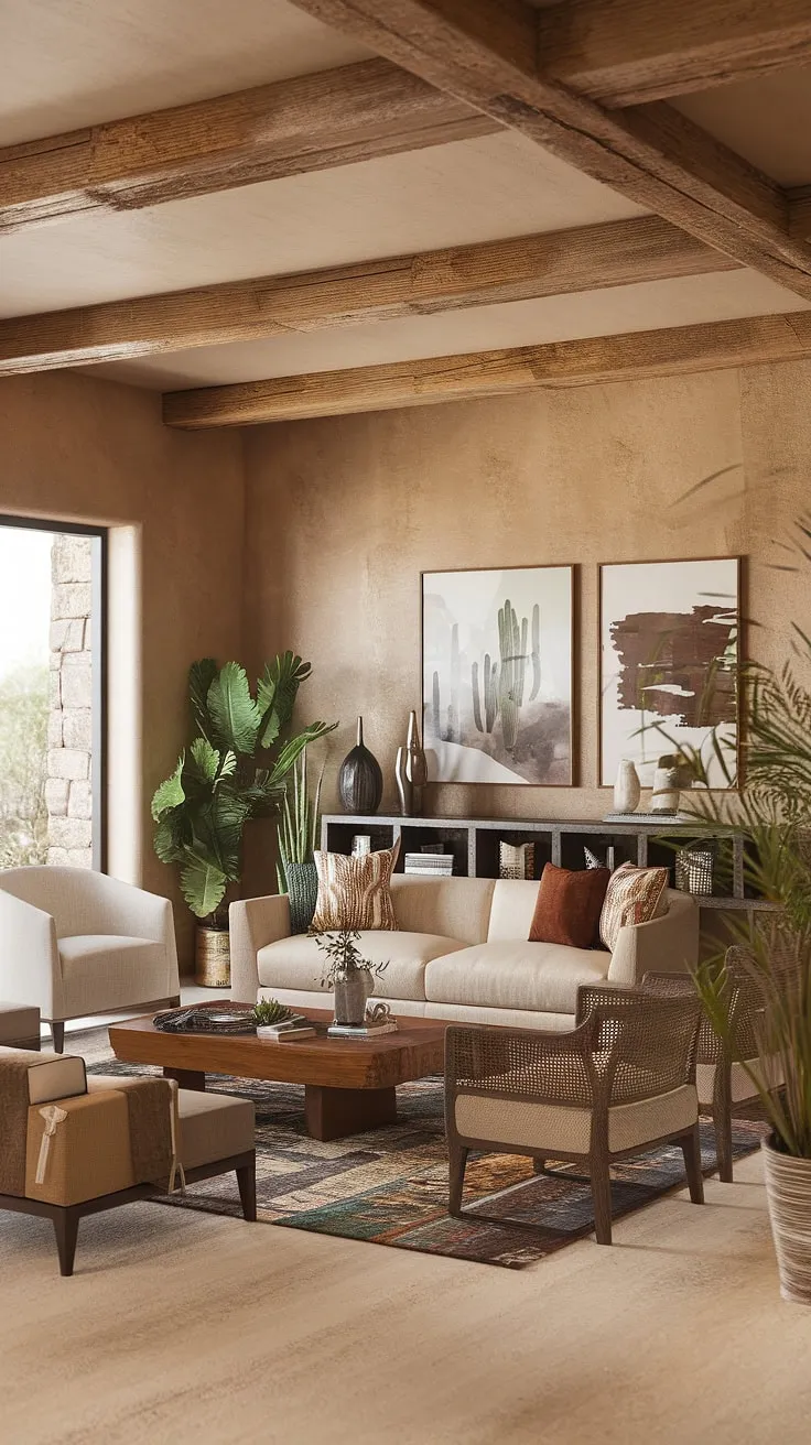 Escape to your own private desert oasis. This southwestern living room, with its rustic charm and earthy tones, offers a tranquil retreat where comfort meets the beauty of the Arizona landscape. The exposed wooden beams and carefully curated artwork create a space that's both inviting and uniquely a appealing.