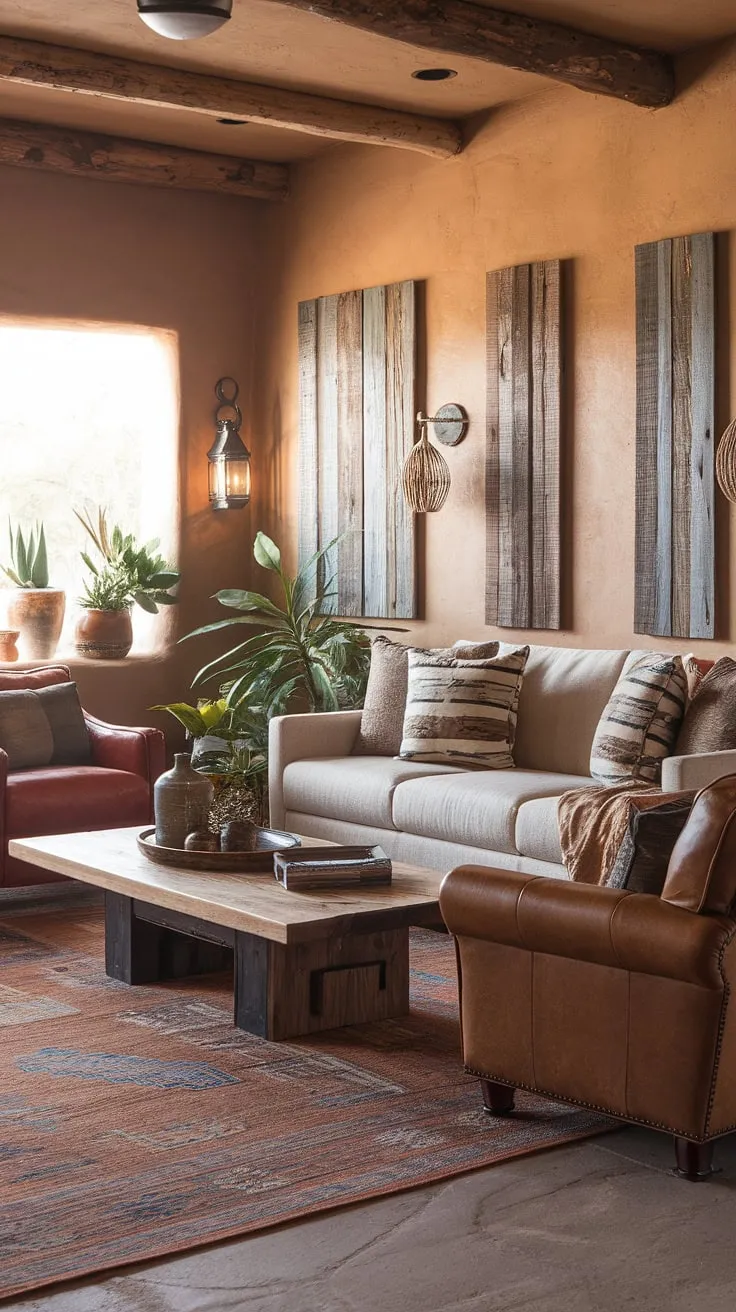 Find serenity in the heart of your home. This southwestern-inspired living room, featuring a calming beige palette and rich leather accents, is a testament to understated elegance. The carefully curated details, from the patterned rug to the potted plants, create a space that is both visually stunning and incredibly inviting. A true sanctuary.