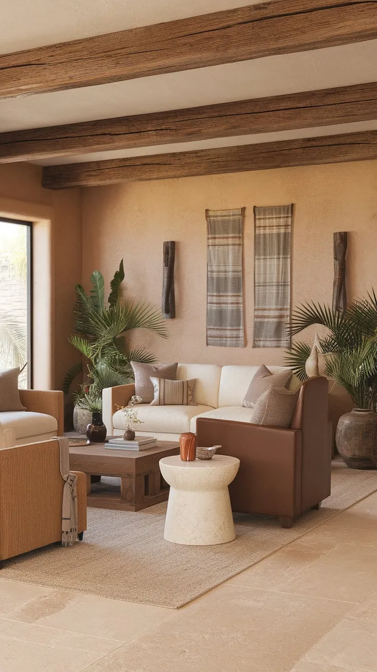 Find serenity in the heart of the desert. This southwestern-inspired living room, featuring a calming palette of beige and brown, rustic wooden accents, and the vibrant green of thriving potted plants, evokes a sense of peaceful escape. The comfortable seating and thoughtfully chosen décor create a haven where relaxation and refined style meet.