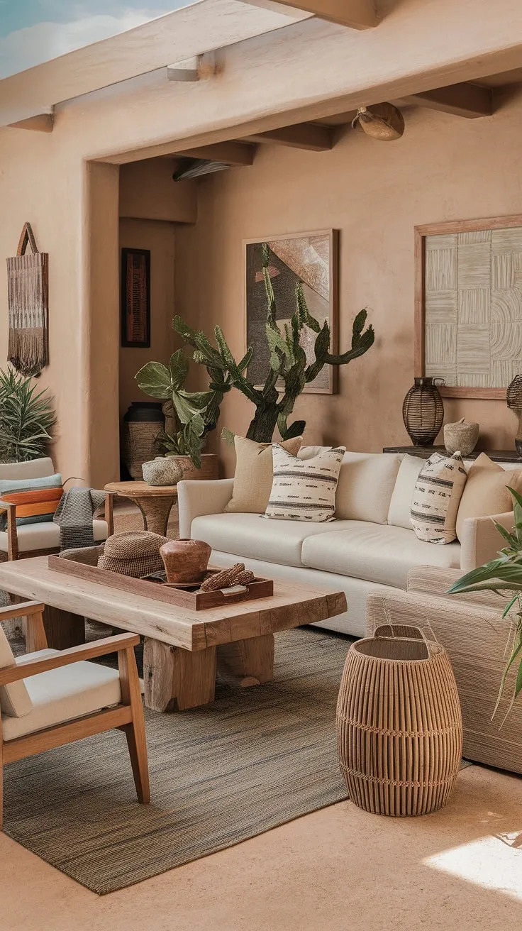 Desert calm meets modern comfort. This southwestern living room, an oasis of beige and natural textures, offers a tranquil escape. The carefully curated artwork and potted plants add personality, creating a space that feels both inviting and uniquely aesthetic.