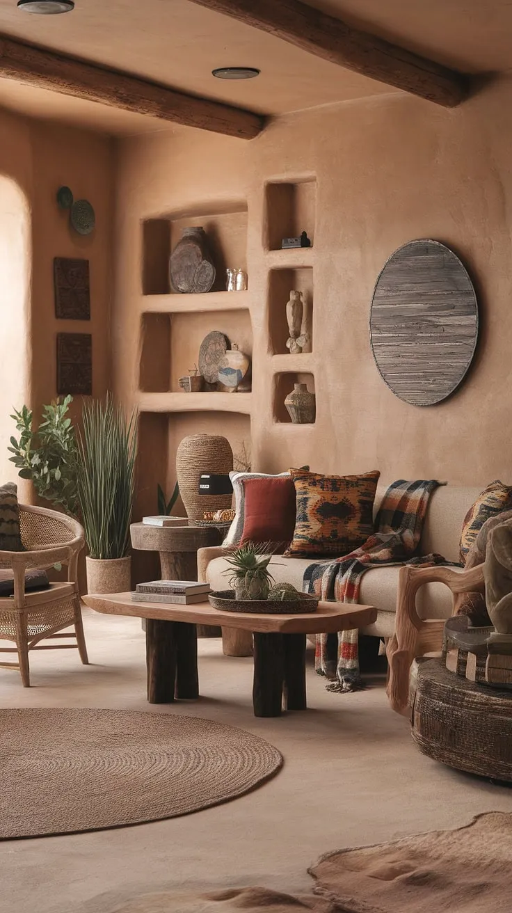 Desert sunsets paint the walls of this cozy southwestern living room, where rustic charm meets modern comfort. The warmth of the wood and earthy tones creates a haven of tranquility, perfect for unwinding after a day exploring the breathtaking landscape. A perfect blend of textures and natural light makes this space truly inviting.