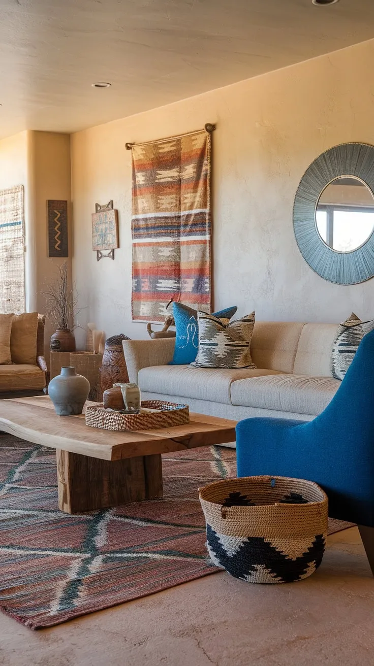 Desert sunsets and cozy nights. This Southwestern living room, with its warm textiles and handcrafted details, is the perfect sanctuary after a day exploring the vast landscape. The rich textures and earthy tones create a space that feels both inviting and authentic.