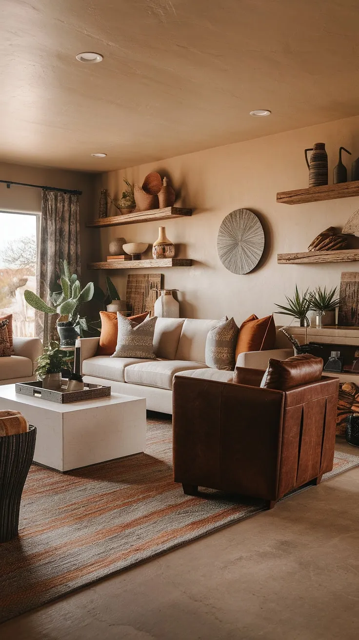 Escape to your own private desert oasis. This southwestern living room, with its warm tones and carefully curated details, offers a tranquil retreat where comfort meets captivating design. The natural textures and pops of greenery create a space that feels both inviting and effortlessly stylish.