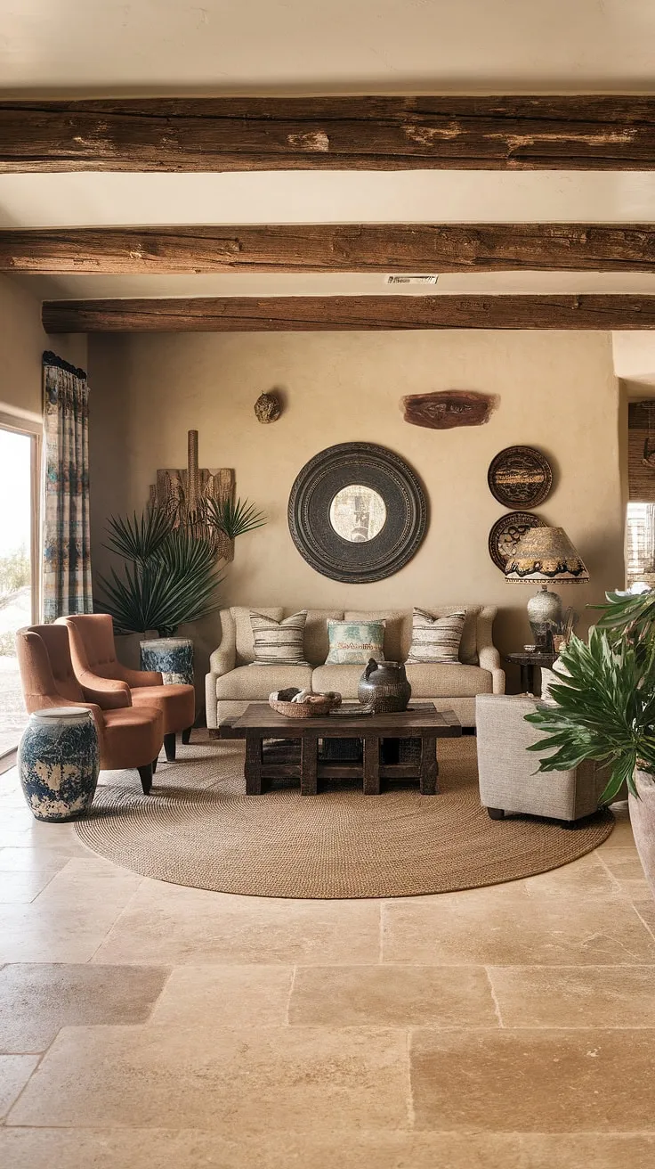 This Arizona-inspired living room is a testament to the beauty of simple elegance. The natural textures and earthy tones create a calming atmosphere, while carefully chosen accents, like the Native American-inspired lamp, add a touch of unique character. A true reflection of Southwestern charm.