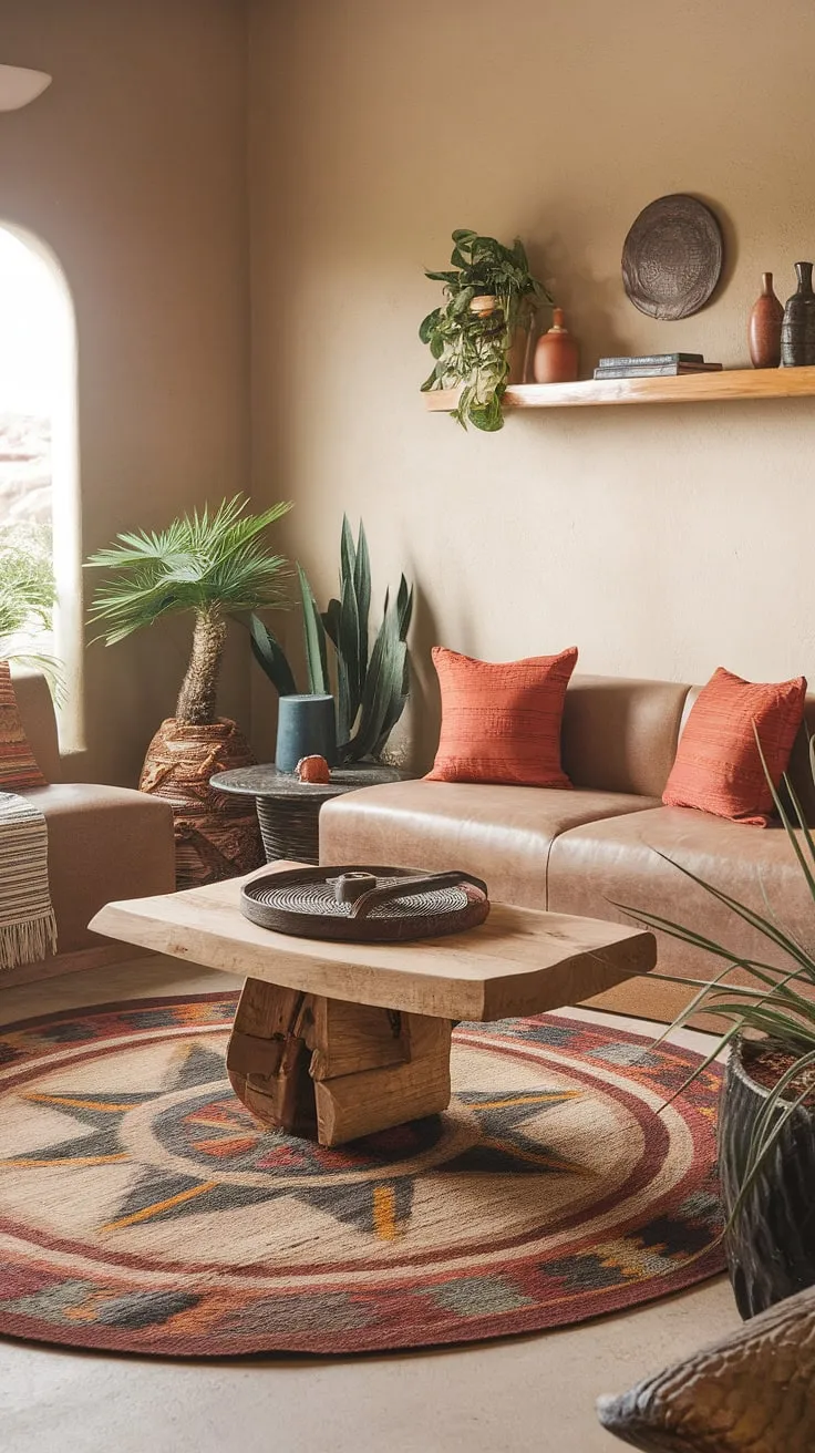 Desert hues and handcrafted details create a tranquil Southwestern sanctuary. The warm beige walls, earthy tones of the rug and sofa, and carefully chosen accents all contribute to a space that feels both inviting and authentic. A perfect blend of comfort and artistry.