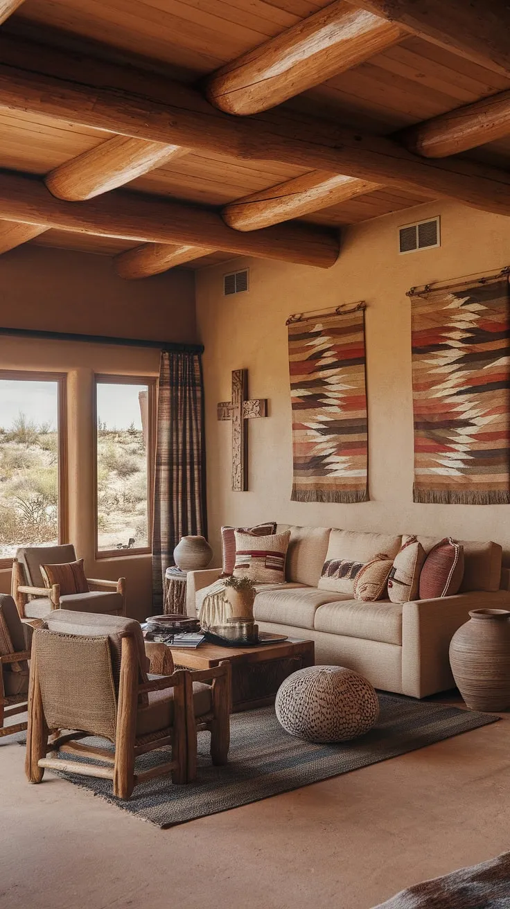 This southwestern living room, bathed in the golden light of the desert sun, is a testament to the beauty of handcrafted details and natural materials. The rustic wooden cross and the rich textures of the woven basket and pottery vase speak to a deep connection with the land. It's a space where comfort and artistry blend seamlessly, creating a truly tranquil retreat.
