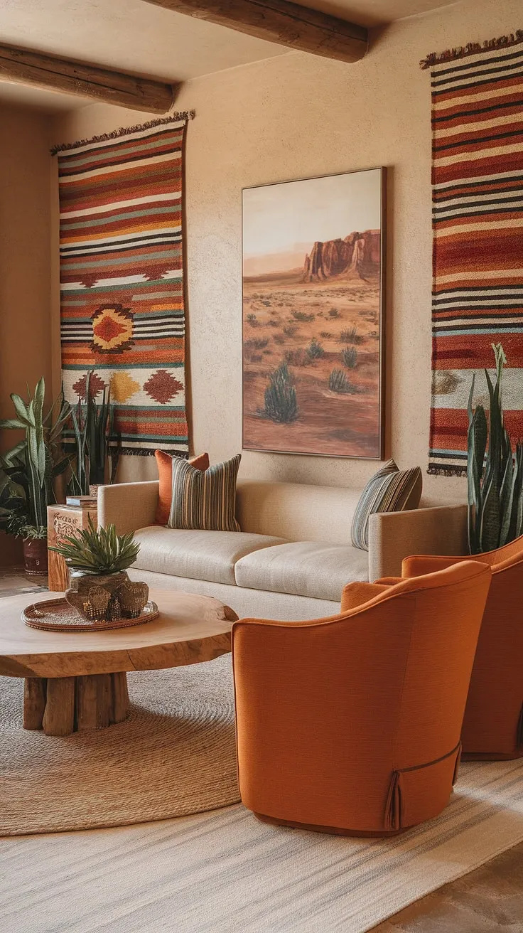 Escape to the desert, without ever leaving home. This living room's earthy palette, featuring a beige sofa and vibrant orange accents, creates a tranquil oasis. The carefully curated Southwestern rugs and desert landscape painting add depth and character, while the potted plants bring a touch of life to the space. A sanctuary of comfort and style, it's a place to relax and reconnect with nature's beauty. A true reflection of Southwestern charm.