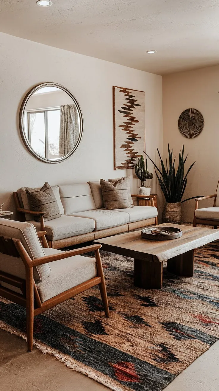 This southwestern-inspired living room is a testament to understated elegance. The neutral palette, accented by organic materials and unique artwork, creates a space that is both inviting and sophisticated. A haven of peace and quiet, perfect for unwinding after a long day.