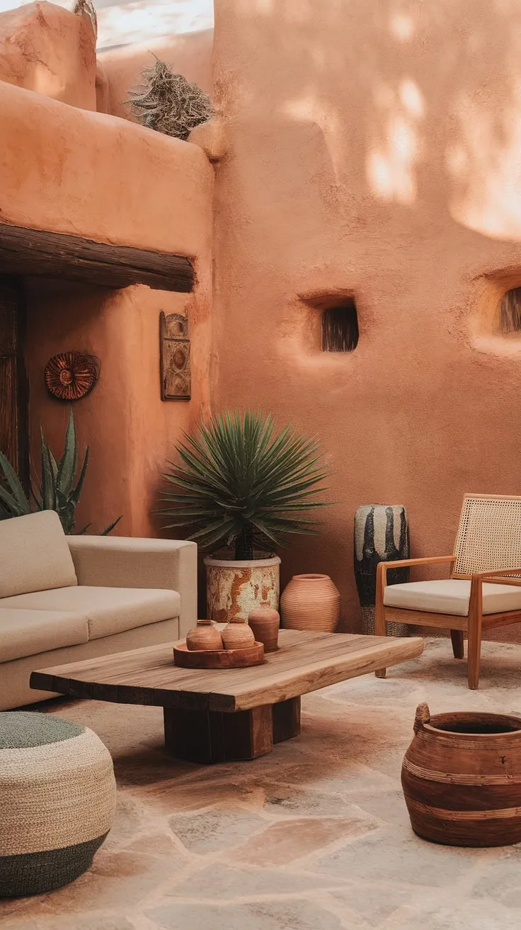 Sun-drenched serenity. This southwestern living room, with its warm orange walls and rustic charm, is the perfect desert oasis. The textured walls and stone floor create a sense of calm, while the comfortable seating and potted plants add a touch of life and warmth. A true escape.