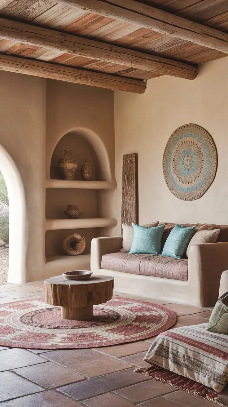 This Southwestern sanctuary seamlessly blends comfort and artistry. The warm terra cotta floors, wooden ceiling, and a carefully curated décor-from the circular wall hanging to the cozy sofa-transport you to a serene desert landscape. It's a space designed for relaxation and inspired by the beauty of the Southwest.