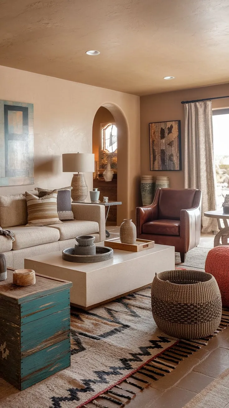 Escape to tranquility in this desert-inspired living room. The neutral palette, accented by rich textures and Southwestern artwork, evokes a sense of calm and understated elegance. A haven of comfort and handcrafted beauty, perfect for unwinding after a long day.