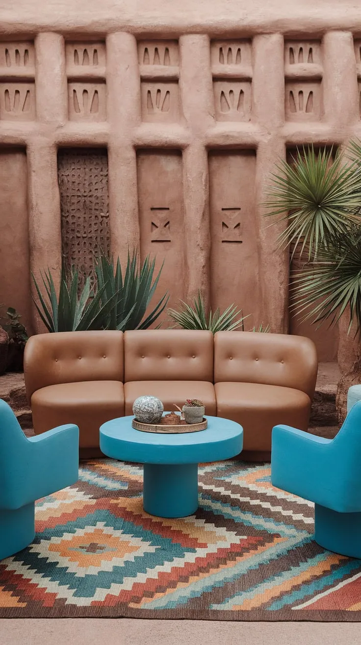 A harmonious blend of desert landscape and modern comfort. This living room's unique geometric wall design, complemented by a calming color palette and southwestern-inspired accents, offers a sophisticated yet relaxed space. The carefully chosen furniture, including the plush tan sofa and vibrant blue chairs, creates a welcoming oasis. A perfect retreat.