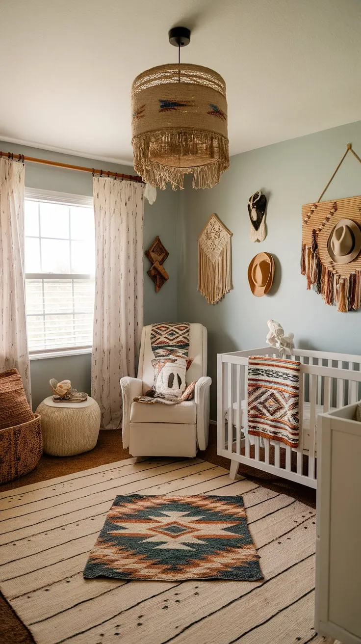 Sweet dreams are made of this: a southwestern nursery where boho vibes meet desert charm. The soft blue walls, cozy rocking chair, and Aztec accents create a tranquil space for little one's adventures to begin.