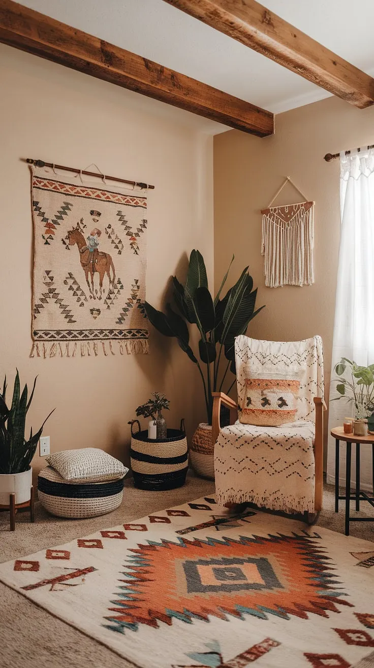 Sun-drenched serenity in this southwestern nursery. The warm beige walls, wooden beams, and handcrafted details create a haven of calm, perfectly blending boho and Aztec influences for a space that's both stylish and nurturing. A touch of rodeo charm adds a playful element to this tranquil retreat.