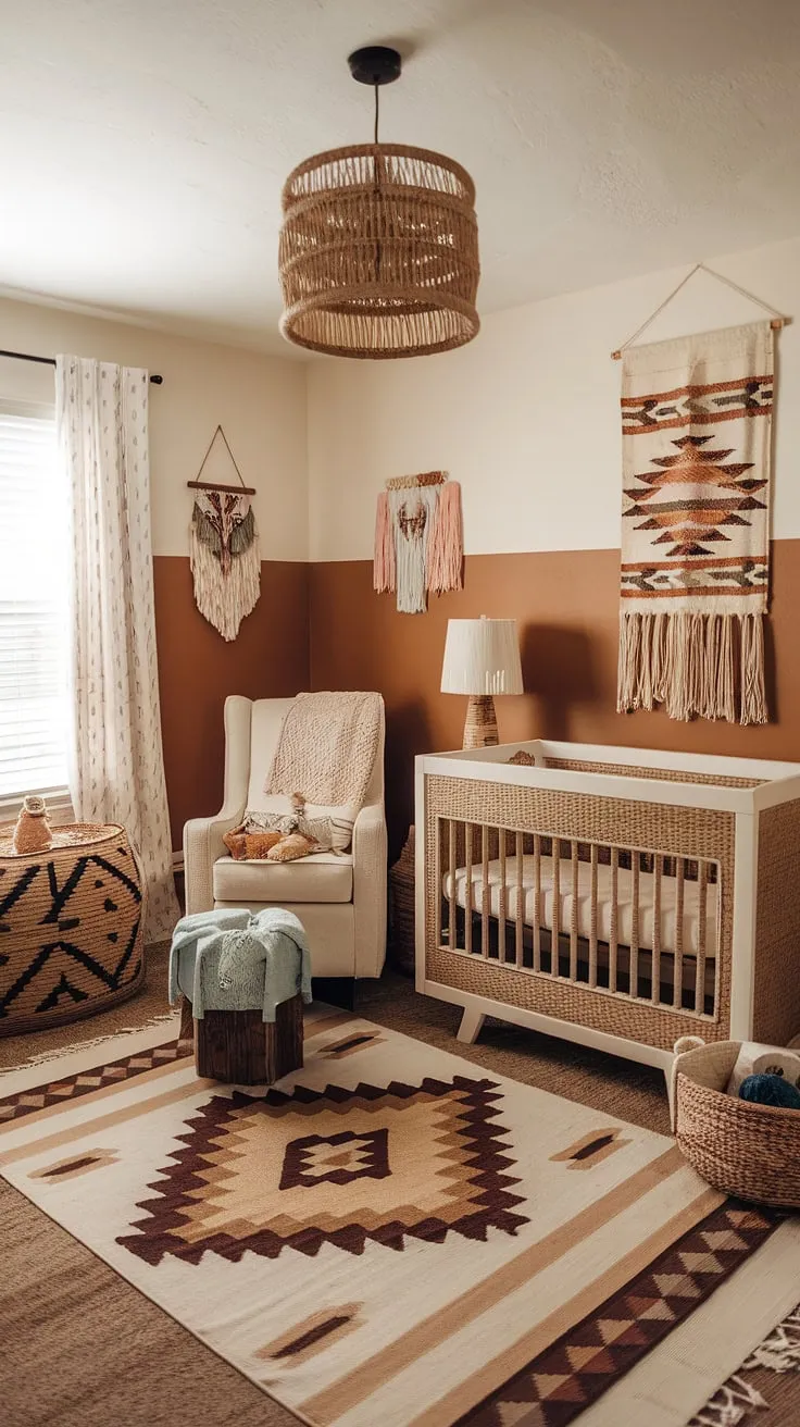 This southwestern nursery is a dream come true. A calming space filled with handcrafted details, Aztec patterns, and a cozy rocking chair for late-night cuddles. A haven of beige and brown hues, perfectly balanced with playful rodeo touches, creating a unique and inviting atmosphere.