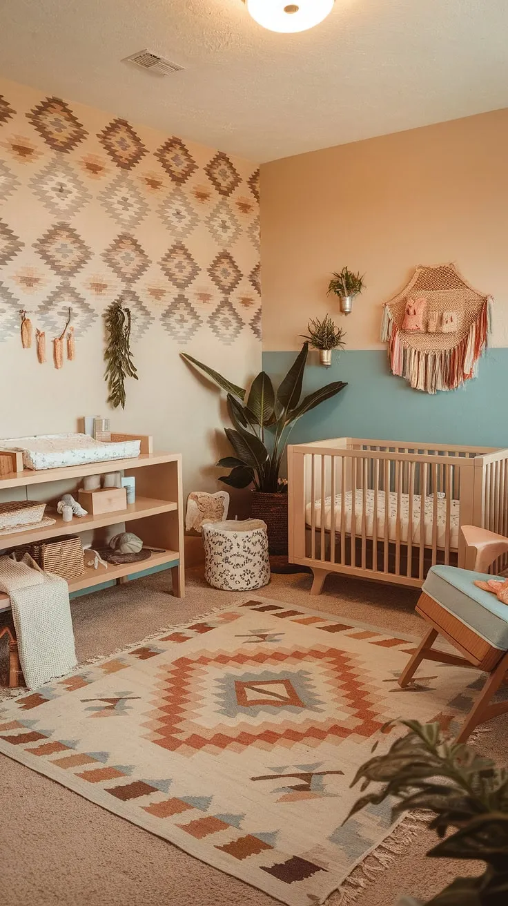Sun-drenched serenity in this southwestern nursery. The soft beige and light blue palette, complemented by Aztec-inspired wallpaper and a cozy rocking chair, creates a haven of calm for baby's first adventures. A perfect blend of boho charm and southwestern style.