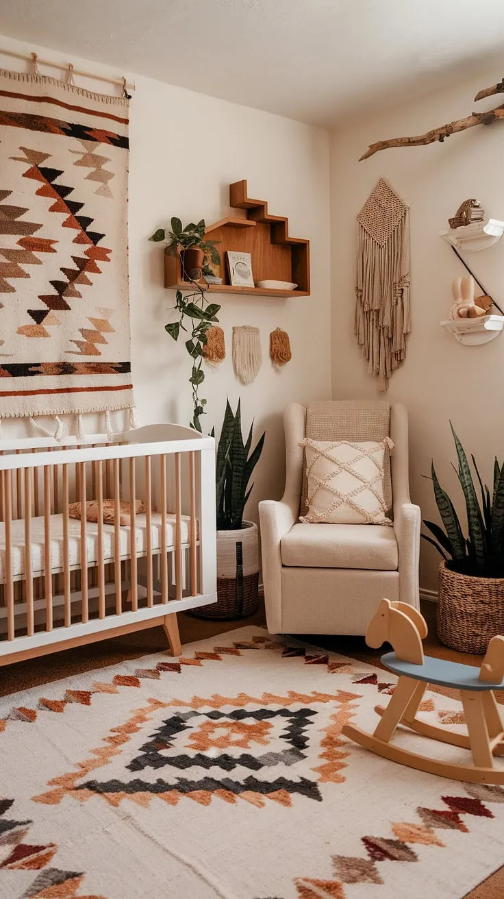 This southwestern nursery is a testament to thoughtful design. A curated collection of Aztec-inspired textiles, a plush crib, and a calming color palette create a space that is both stylish and nurturing. The addition of potted plants and a comfortable chair provides a tranquil atmosphere for both parent and child. A truly magical space for little ones to grow and thrive.