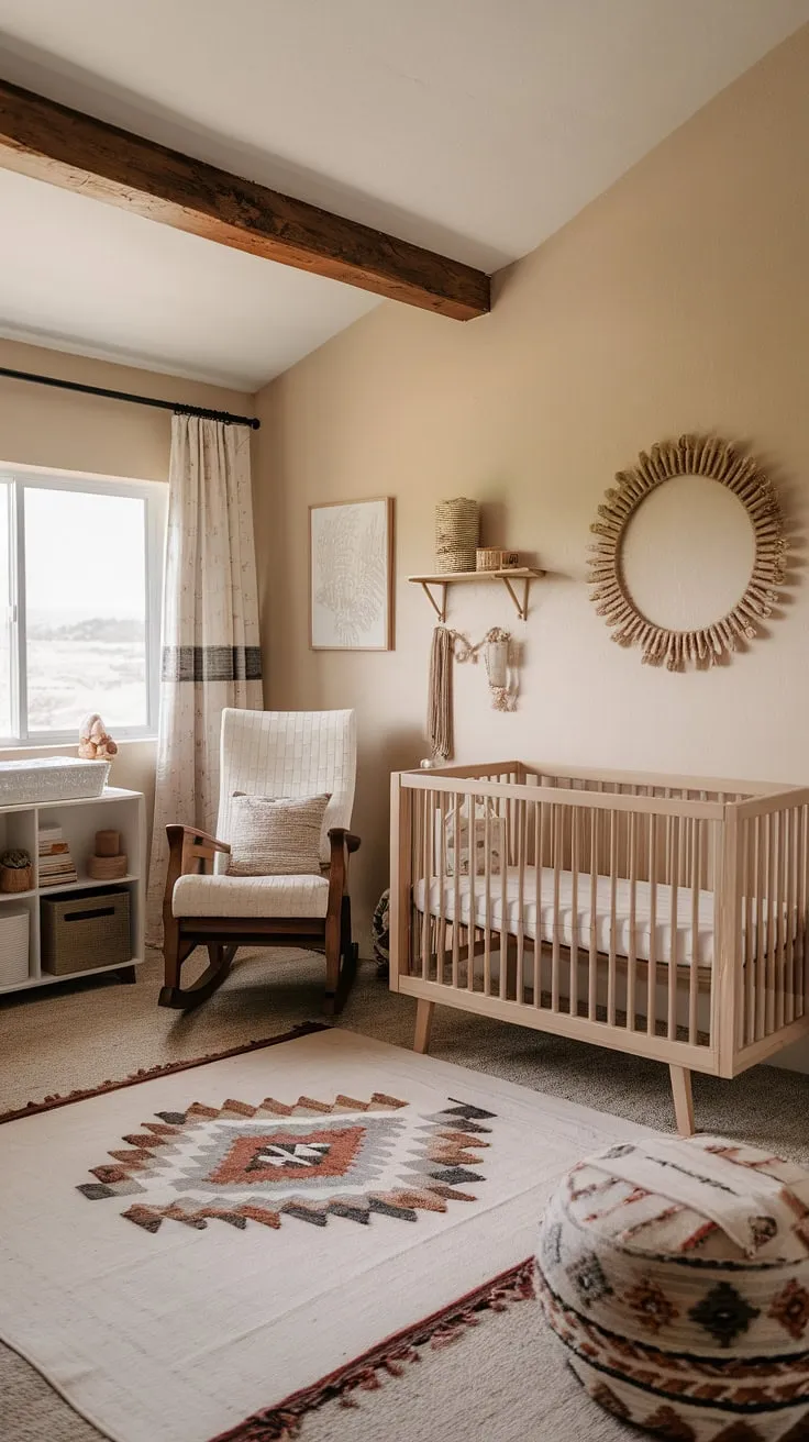 This boho-Aztec nursery is a dream come true. The natural light streaming through the window illuminates the carefully curated details, from the rustic wooden crib to the intricately patterned rug. A space filled with warmth, handcrafted charm, and a sense of calm, it's the perfect sanctuary for a little one's sweetest dreams. A truly special place to grow.