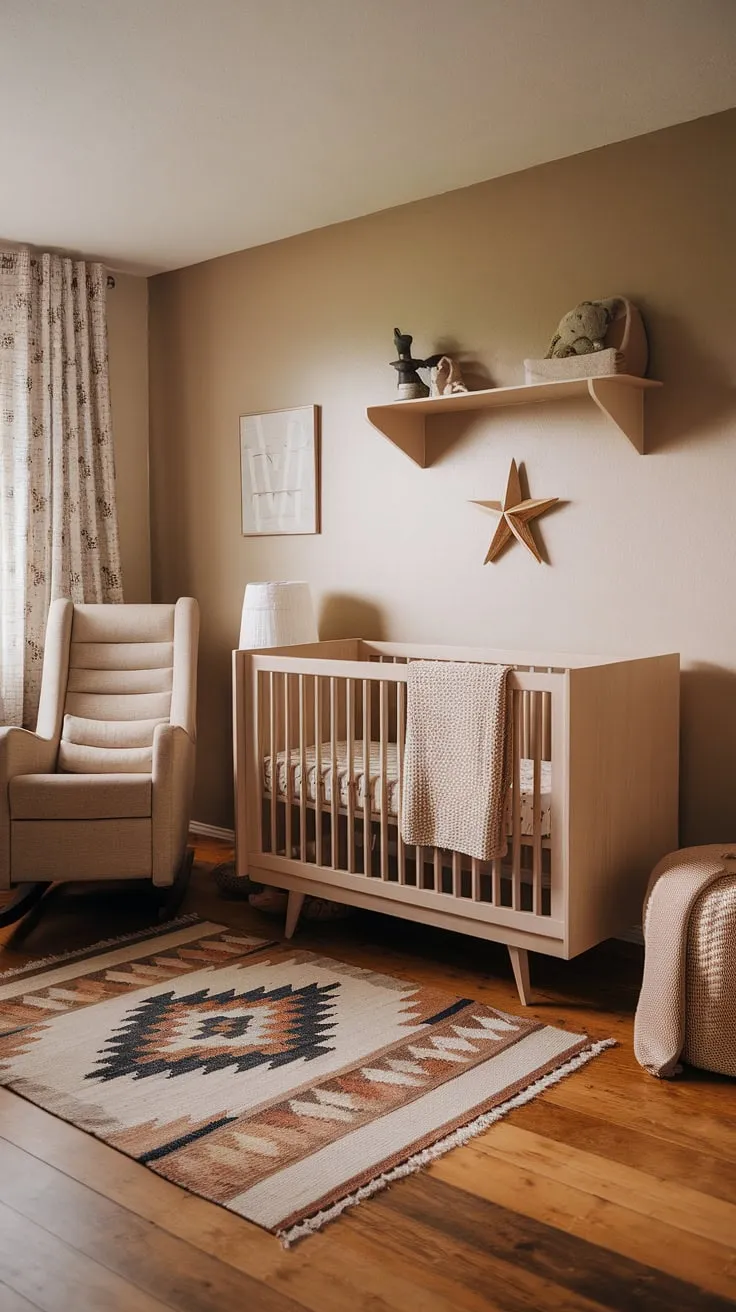 Desert dreams and gentle nights. This southwestern nursery, with its calming beige tones and intricate Aztec patterns, creates a haven of peace for little ones. The handcrafted wooden star and soft textures add a touch of boho charm, making it the perfect space for sweet slumber and quiet moments.