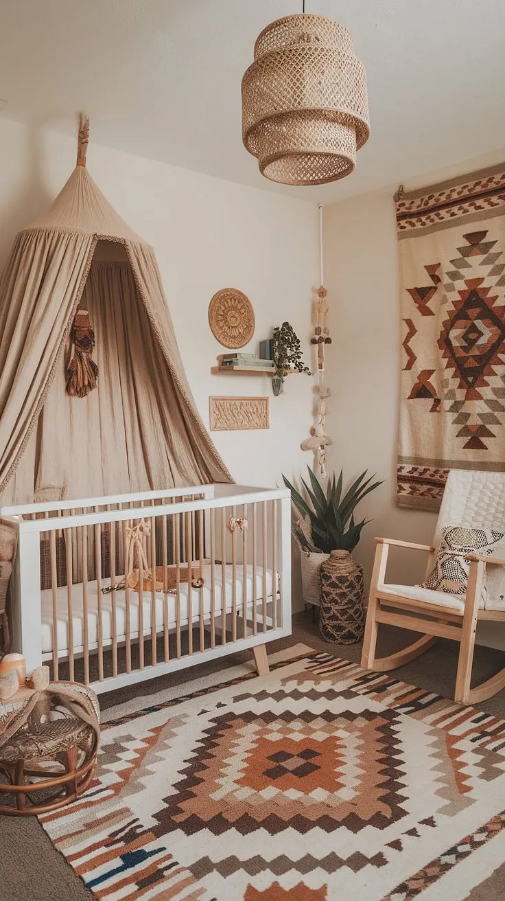 A little slice of desert paradise. This boho-inspired nursery, with its woven textures and warm wood tones, is a sanctuary of calm and style. The Aztec details add a touch of vibrant heritage, creating a space both playful and peaceful for the little one.