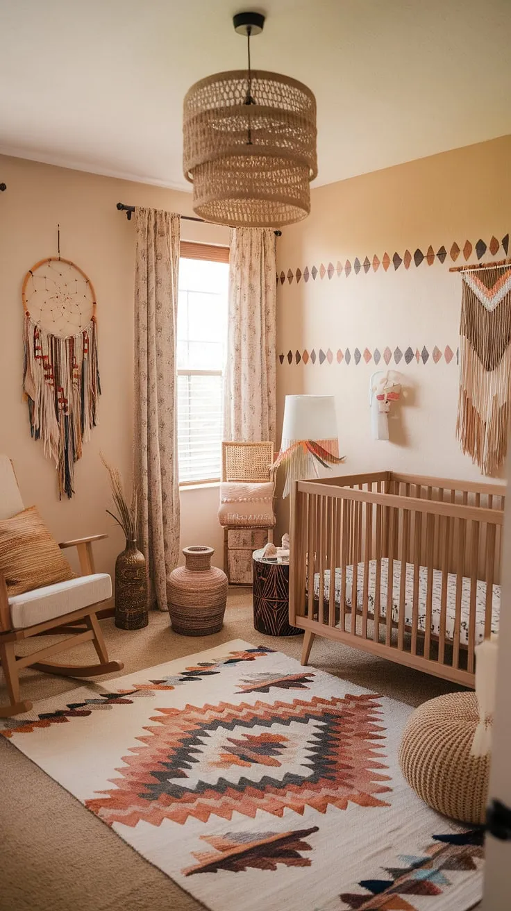 A cozy haven of southwestern charm. This nursery's rich textures and warm hues create a tranquil space for baby's arrival. The handcrafted crib, intricate patterns, and calming rocking chair offer a sense of peace and comfort. A truly magical room for a little one to grow.