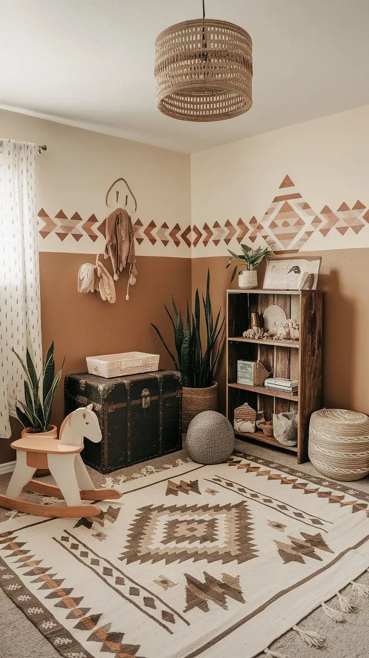 A haven of boho charm and southwestern spirit. This nursery effortlessly blends Aztec patterns, rustic wood, and vintage finds, creating a unique and inviting space for a little one. The neutral color palette, accented by pops of texture and carefully chosen plants, fosters a sense of calm and creativity.