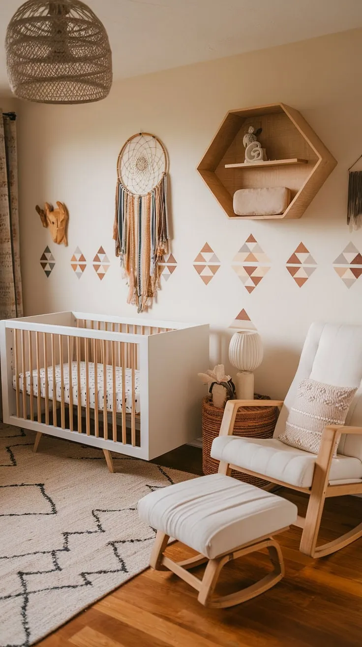 This boho-Aztec nursery is a dream come true. The warm tones, handcrafted details, and cozy textures create a space that's both stylish and incredibly comforting. From the white crib to the intricately patterned walls, every element whispers of serenity and a sense of wonder.