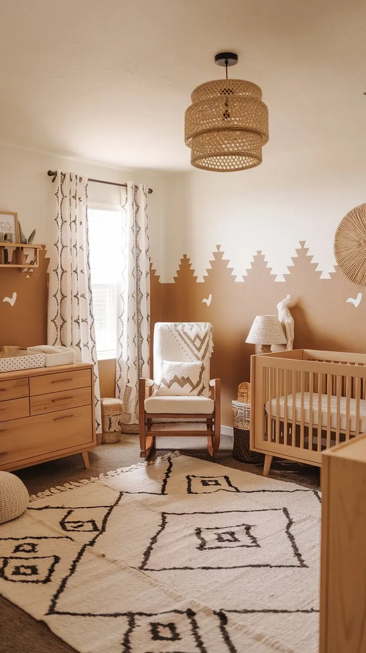 A tranquil sanctuary where modern meets traditional. This nursery's blend of southwestern, boho, and Aztec design elements creates a unique and inviting space for baby's first adventures. The natural textures and calming colors promote a peaceful atmosphere.
