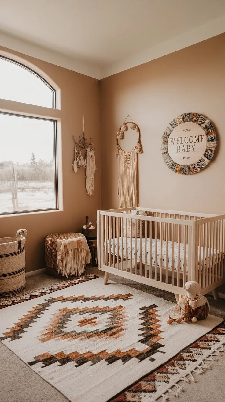 Sun-drenched serenity in this southwestern nursery. Natural light streams through large windows, illuminating the warm wood crib, Aztec rug, and charming boho details, creating a peaceful haven for the newest member of the family. A perfect blend of rustic charm and modern comfort.