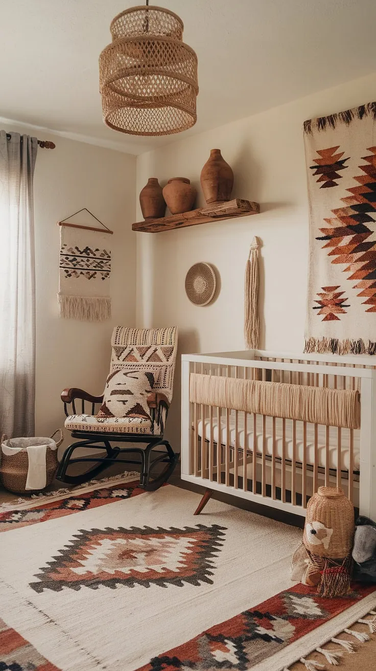 A desert oasis for a little one. This boho-Aztec nursery blends handcrafted elements with a calming color palette, creating a space that's both stylish and soothing. The woven crib and patterned rug add a touch of playful texture, perfect for a peaceful night's sleep.