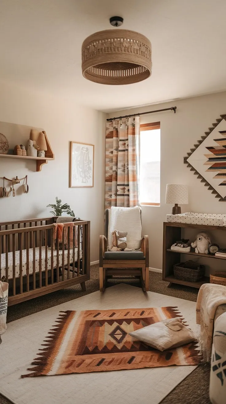 Sun-drenched serenity in this Southwestern boho nursery. The rustic wooden crib, handcrafted rocking chair, and Aztec-inspired textiles create a haven of calm and comfort for baby's first adventures. A perfect blend of warmth and style.