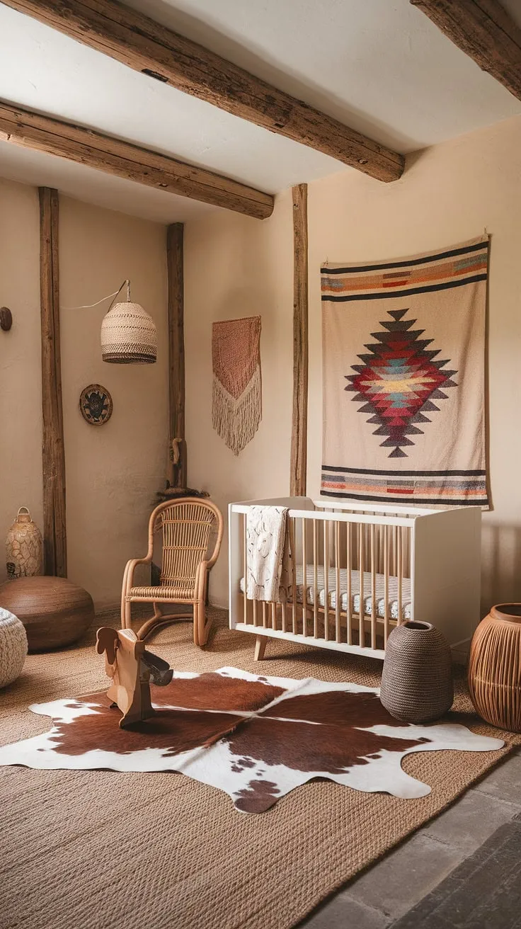 Sun-drenched serenity in this Southwestern nursery. A cozy haven of boho charm, complete with a rustic wooden rocking horse and a cowhide rug adding a touch of warmth under the white crib. The Aztec-inspired tapestry and woven details create a space that's both playful and peaceful. A perfect blend of textures and natural light.