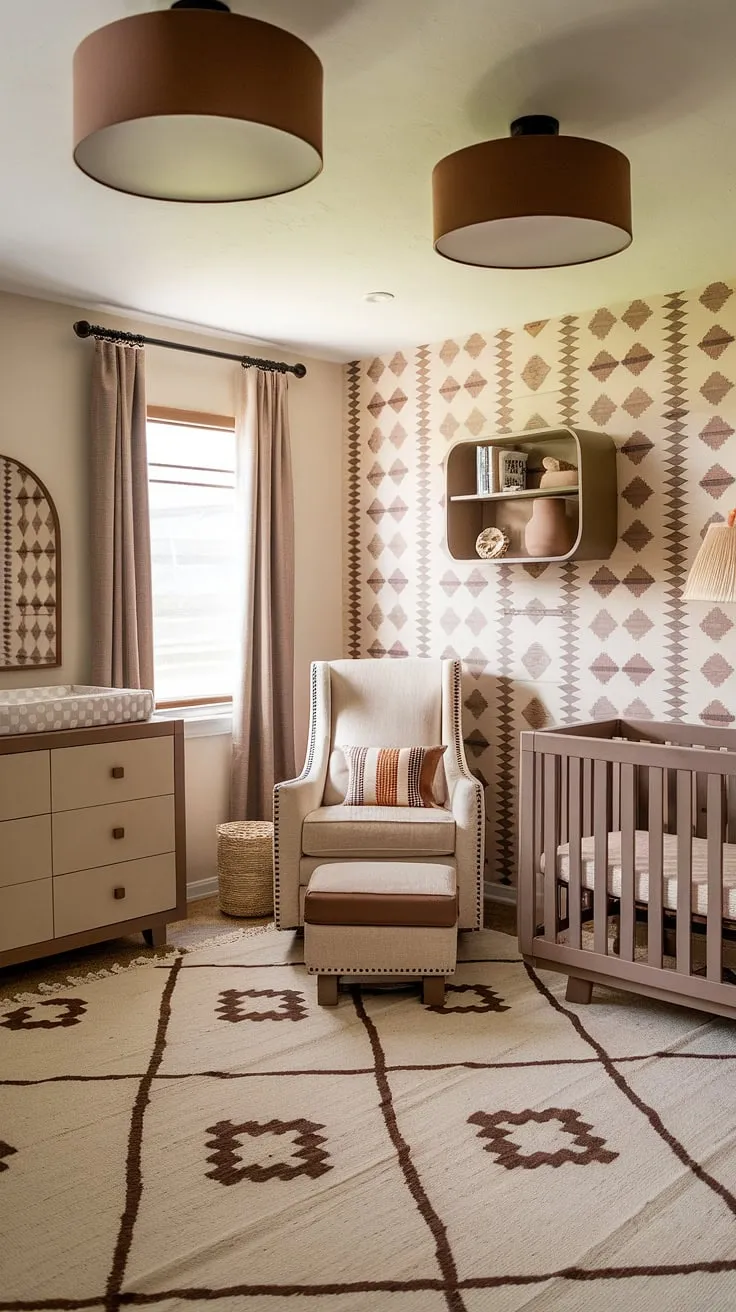 Desert dreams and boho beams. This southwestern nursery is a haven of calm, where earthy tones and Aztec patterns create a space both stylish and serene. The gentle rocking chair promises countless hours of soothing comfort.