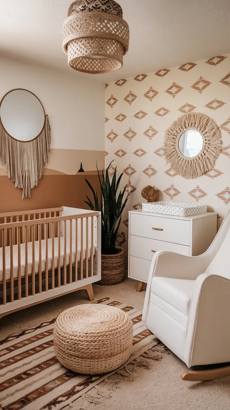Sun-drenched serenity in this southwestern nursery. The soft beige and white palette, complemented by woven textures and earthy accents, creates a calming space for peaceful slumber. A perfect blend of boho and Aztec styles ensures a welcoming haven for the little one.