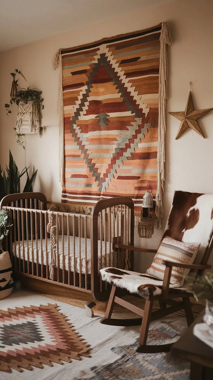 Sun-drenched dreams and desert nights. This southwest nursery, with its rustic crib, cowhide rocker, and cozy textures, is a haven of warmth and wonder, perfectly blending boho charm with western spirit. A little one's sanctuary, filled with handcrafted details and the promise of sweet slumber.