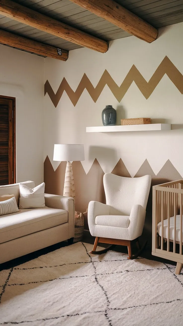 This nursery is a dream come true: a haven of calm and style. The southwestern influences are subtly woven into the boho aesthetic, creating a space that's both inviting and uniquely beautiful. Every detail, from the zigzag wall to the cozy rocking chair, speaks to a thoughtful and curated design.