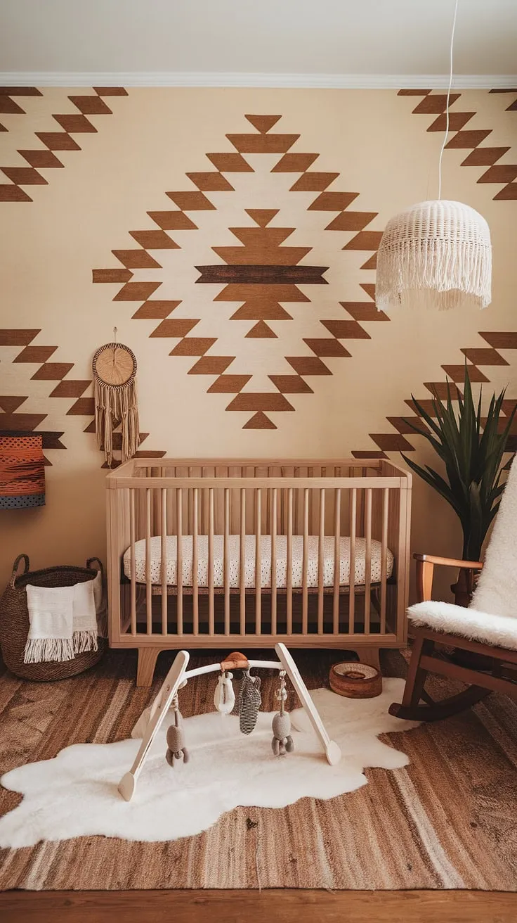 Sweet dreams are made of this: a southwestern sanctuary where boho charm meets rustic comfort. The handcrafted crib, plush sheepskin rug, and gentle rocking chair create a haven of peace for baby's first adventures. A space designed for quiet moments and joyful discoveries.
