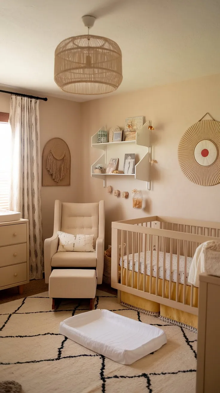 This tranquil nursery is a testament to understated elegance. The soft beige palette, complemented by pops of yellow and the intricate details of the Aztec design, fosters a nurturing environment where baby can thrive. A space designed for quiet moments and cherished memories.