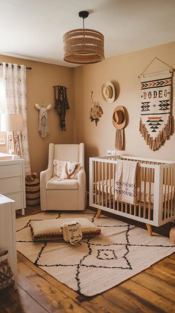 This boho-western nursery is a testament to understated elegance. The creamy tones, natural textures, and subtle Aztec and rodeo motifs create a tranquil yet spirited atmosphere, perfect for a little cowboy or cowgirl's peaceful slumber. A space where dreams are as boundless as the open range.