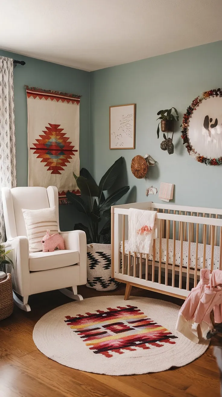 Sweet dreams are made of this: a southwestern boho nursery where desert sunsets meet gentle lullabies. The soft blue walls, Aztec accents, and cozy rocking chair create a haven of calm for little ones. A perfect blend of rustic charm and modern comfort.
