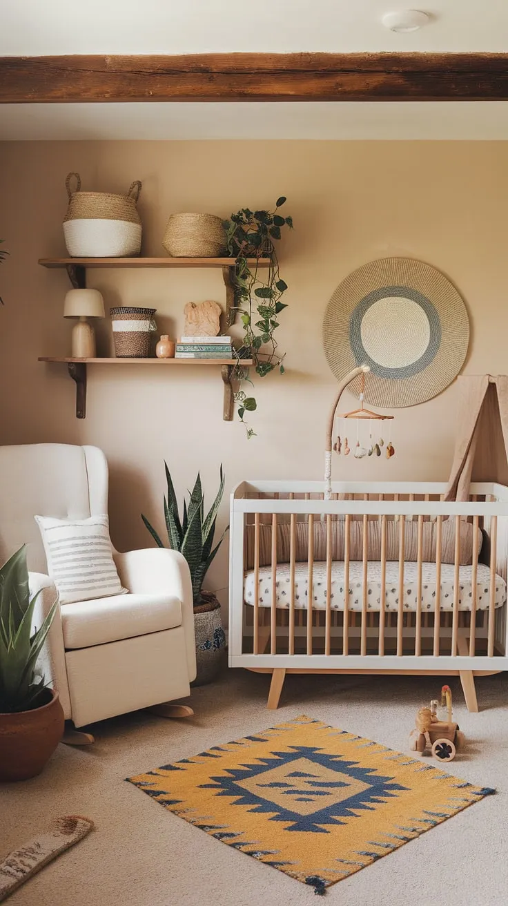 This tranquil nursery is a haven of southwestern charm. The neutral palette is beautifully accented by pops of color and texture, creating a space that is both inviting and inspiring. Every detail, from the woven baskets to the handcrafted mobile, speaks to a love of handcrafted artistry and a commitment to creating a nurturing environment.