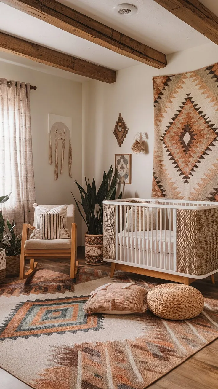 A desert bloom of a nursery. Aztec patterns mingle with natural elements, creating a space that's both stylish and soothing. The woven crib and plush pillows promise comfort, while the wooden beams and vibrant tapestry add a touch of southwestern charm. A truly unique and enchanting room for a little one.