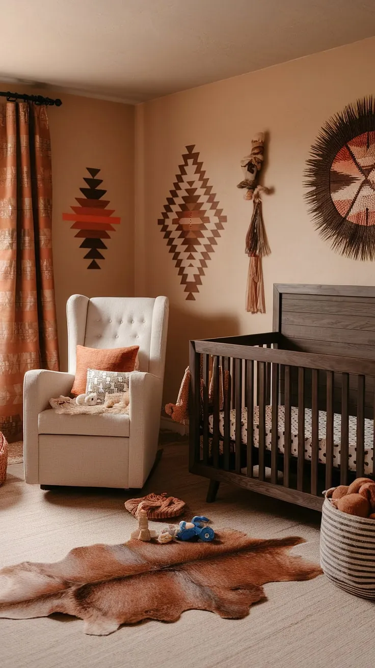 A sanctuary of serenity, this southwestern-inspired nursery blends rustic charm with boho flair. Geometric patterns and tribal art adorn the walls, creating a vibrant yet calming atmosphere. The dark wood crib, plush sheepskin rug, and warm color palette invite peaceful nights and joyful days.