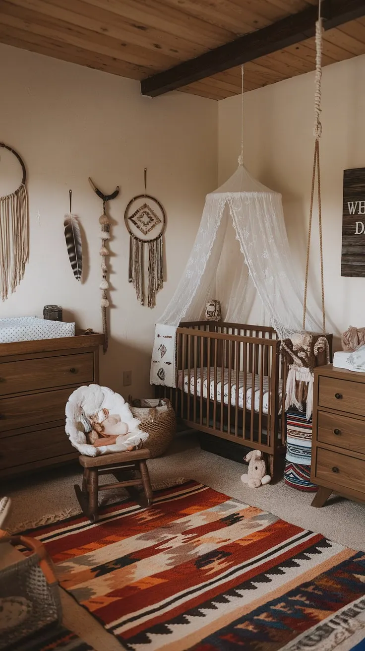 Nestled amongst feathers and dreams, this southwest-inspired nursery is a sanctuary of calm. The soft textures and earthy tones create a space of pure a serenity, perfect for welcoming a little one into the world.