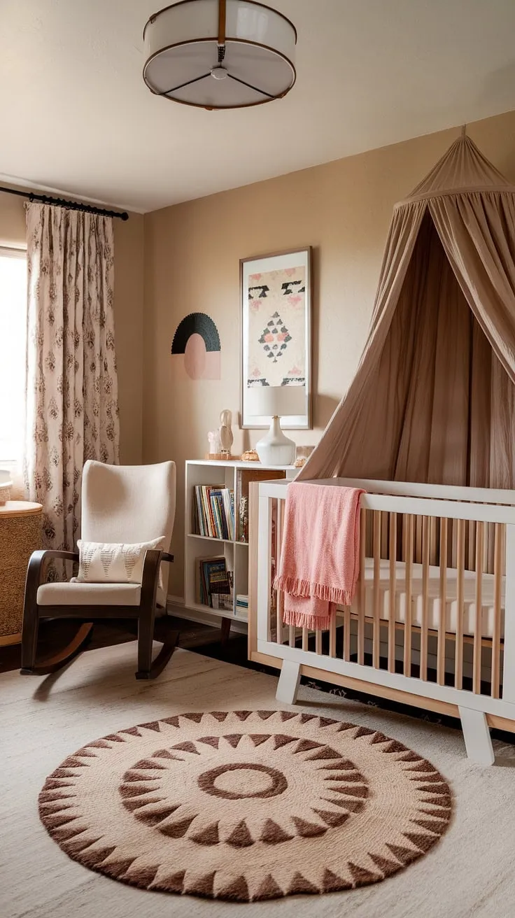 This tranquil nursery is a dream come true. The warm beige tones, intricate Aztec patterns, and cozy rocking chair create a space where sweet dreams are made. A beautiful example of how to seamlessly blend Southwestern style with a modern, minimalist aesthetic.