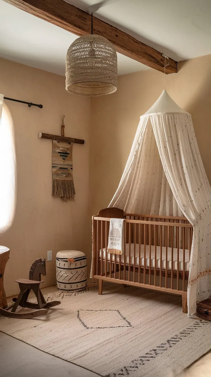 This boho-aztec nursery is a testament to handcrafted beauty and tranquil spaces. Beige walls and wooden beams create a warm embrace, complemented by a vintage crib, a plush rug, and carefully chosen decorative accents. A perfect blend of rustic charm and southwestern serenity, it's a room designed for dreaming.