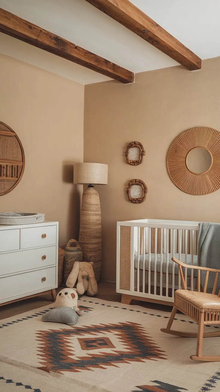 This boho-inspired nursery is a dream come true. The warm, inviting space blends southwestern elements with Aztec patterns, creating a unique and tranquil environment for baby's first adventures. Every detail, from the woven textiles to the rustic wooden beams, whispers of comfort and serenity.