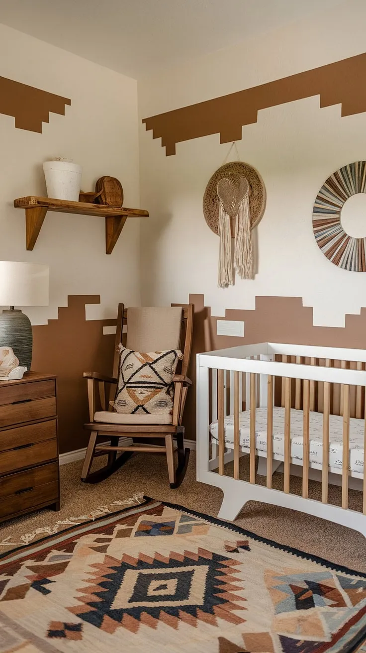 This boho-inspired southwestern nursery is a testament to handcrafted beauty and calming design. The neutral palette, accented with warm wood tones and Aztec-inspired details, creates a serene space perfect for both baby and parent. A truly enchanting room.